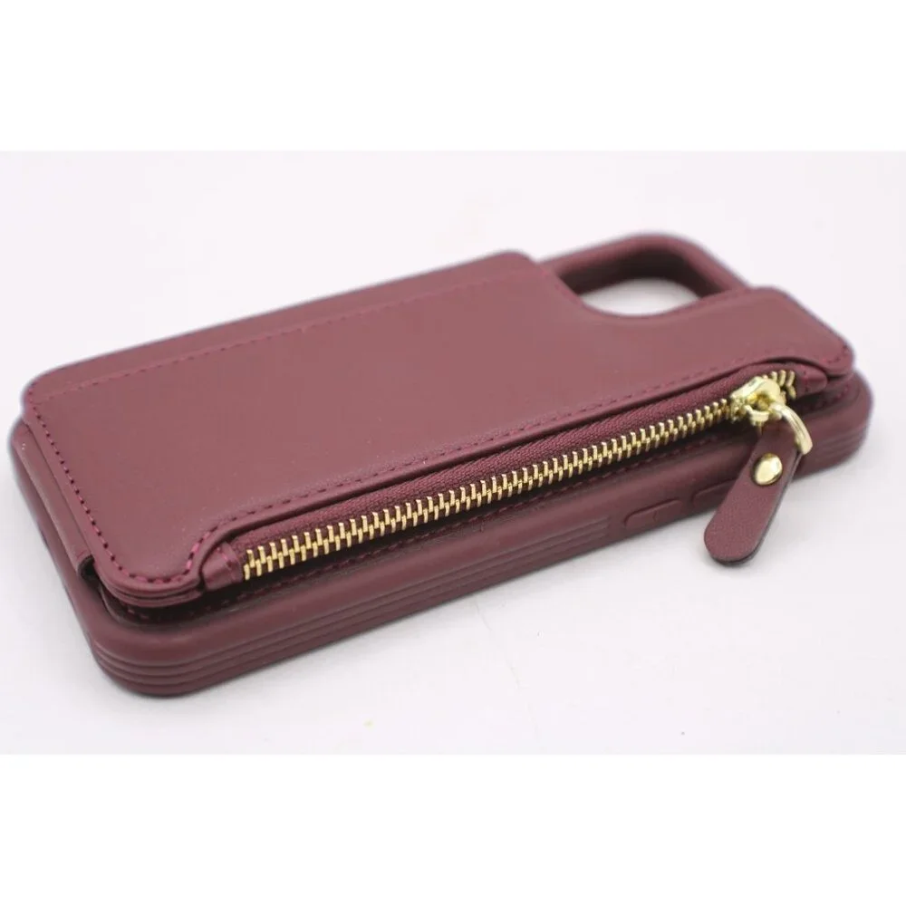 iPhone 12 Wallet Phone Case Zip Pocket Card Holders Burgundy Wine Protective NEW